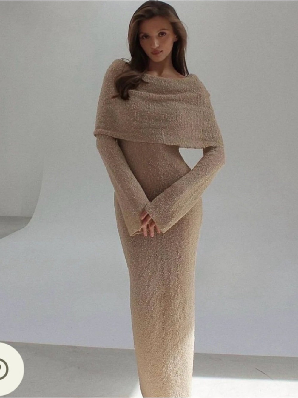 Marisol Off Shoulder Boucle Maxi Dress in Wheat/Beige NWT
